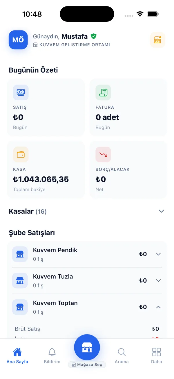 KuvvemERP mobil uygulama günlük özet ekranı
