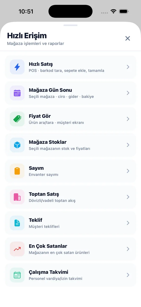 KuvvemERP mobil hızlı erişim ekranı