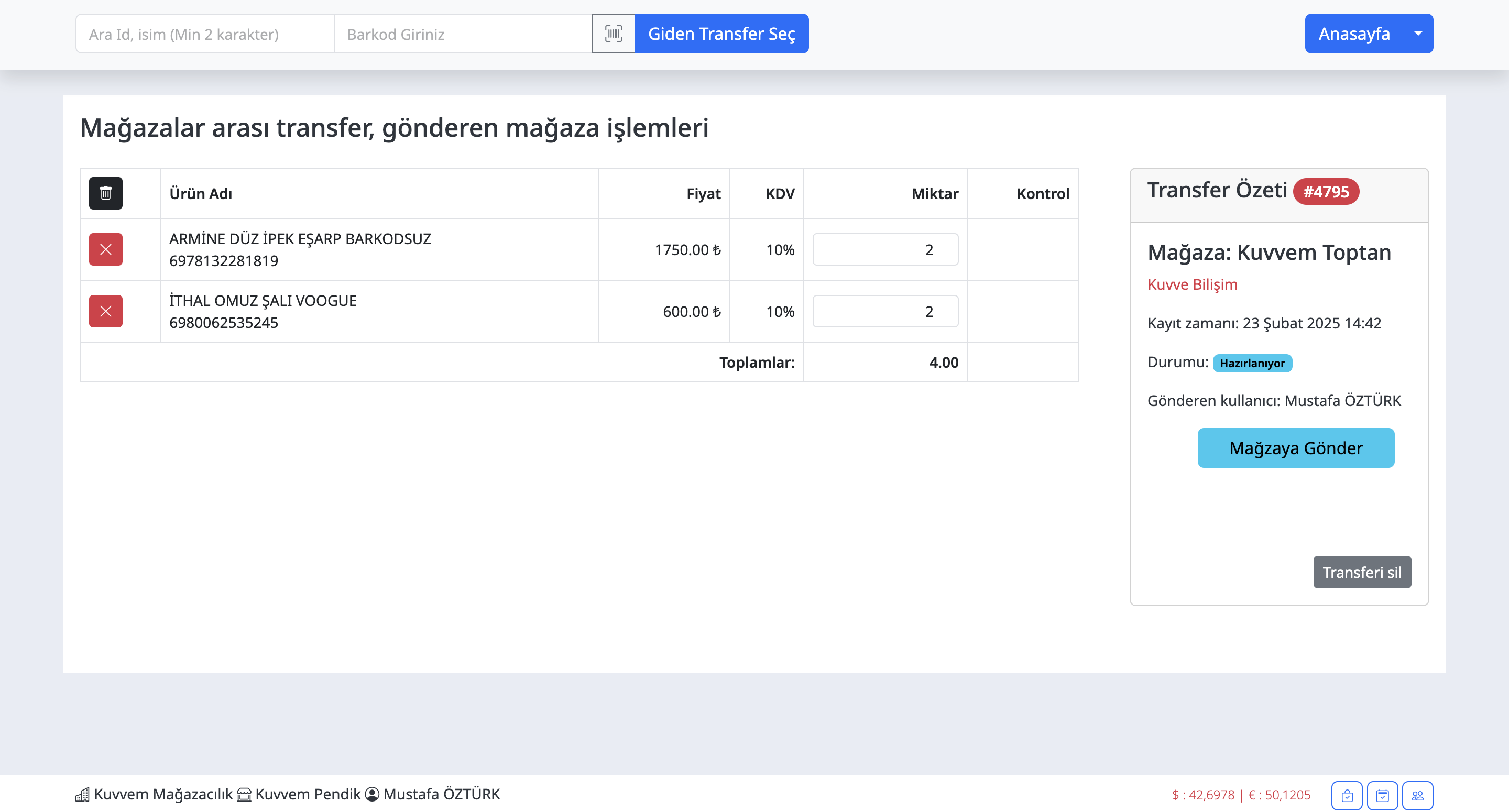 Transfer ve Sayım ekran goruntusu 1
